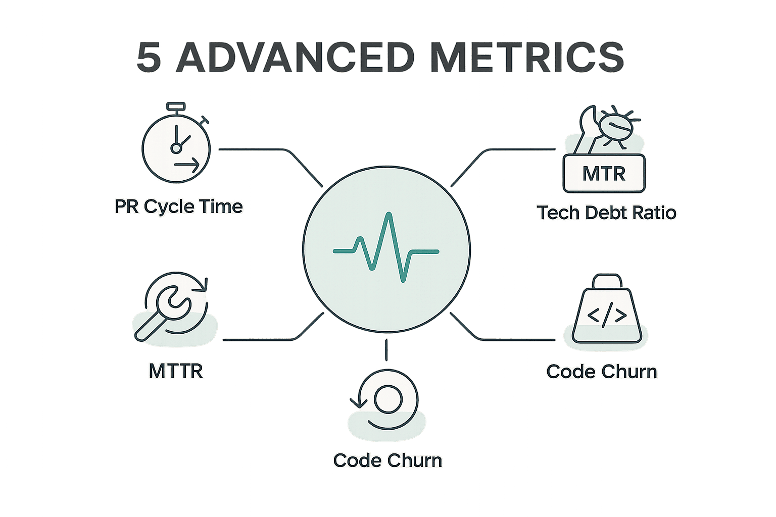 Radial infographic of five advanced engineering metrics: PR cycle time, escaped defects, MTTR, technical debt ratio, and code churn