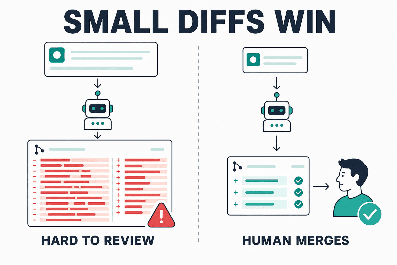 Infographic contrasting a vague feature request that creates an oversized pull request with a scoped issue that becomes a small reviewed pull request