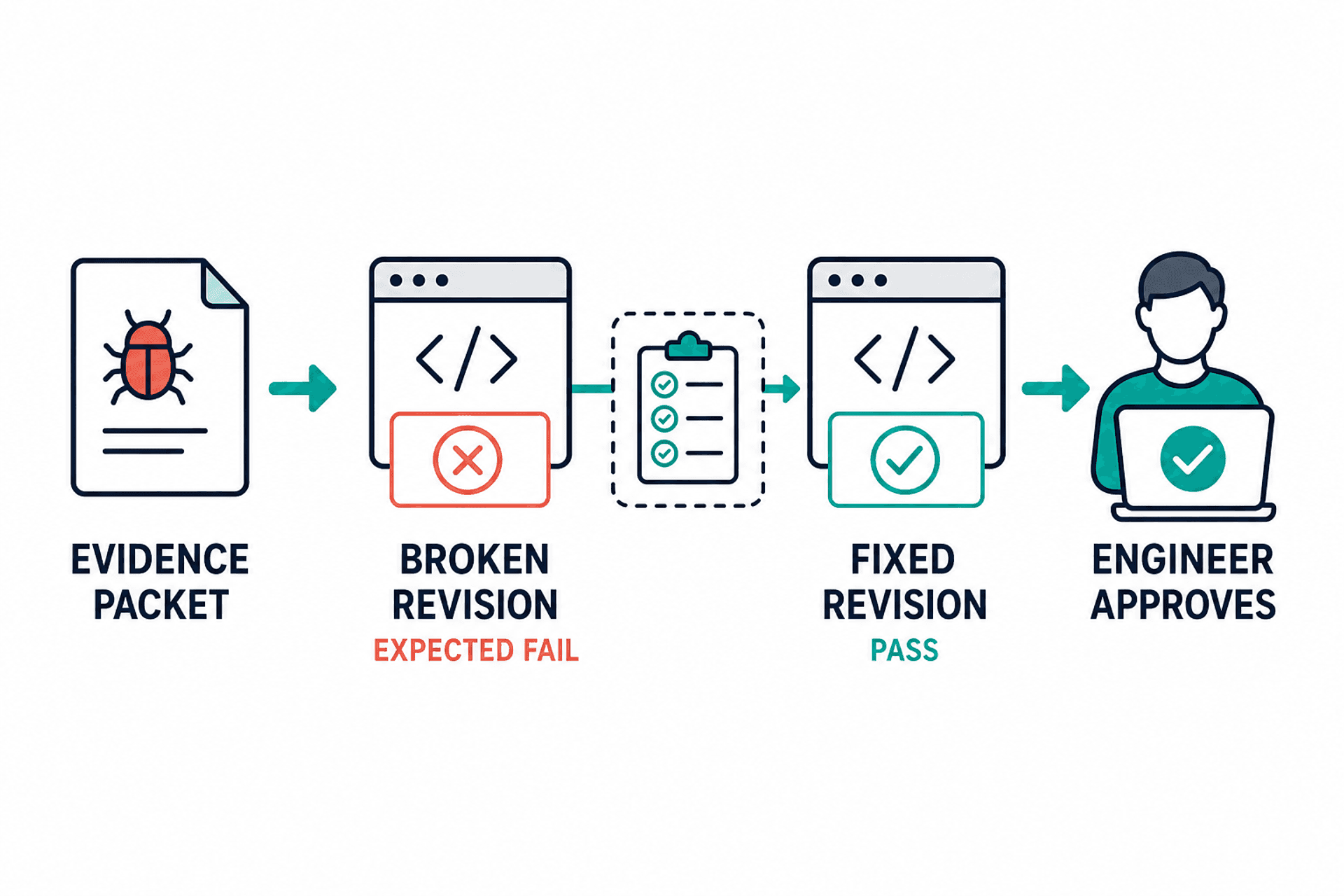 Workflow showing a bug evidence packet moving to a test that fails on the broken revision, passes on the fixed revision, and receives engineer approval