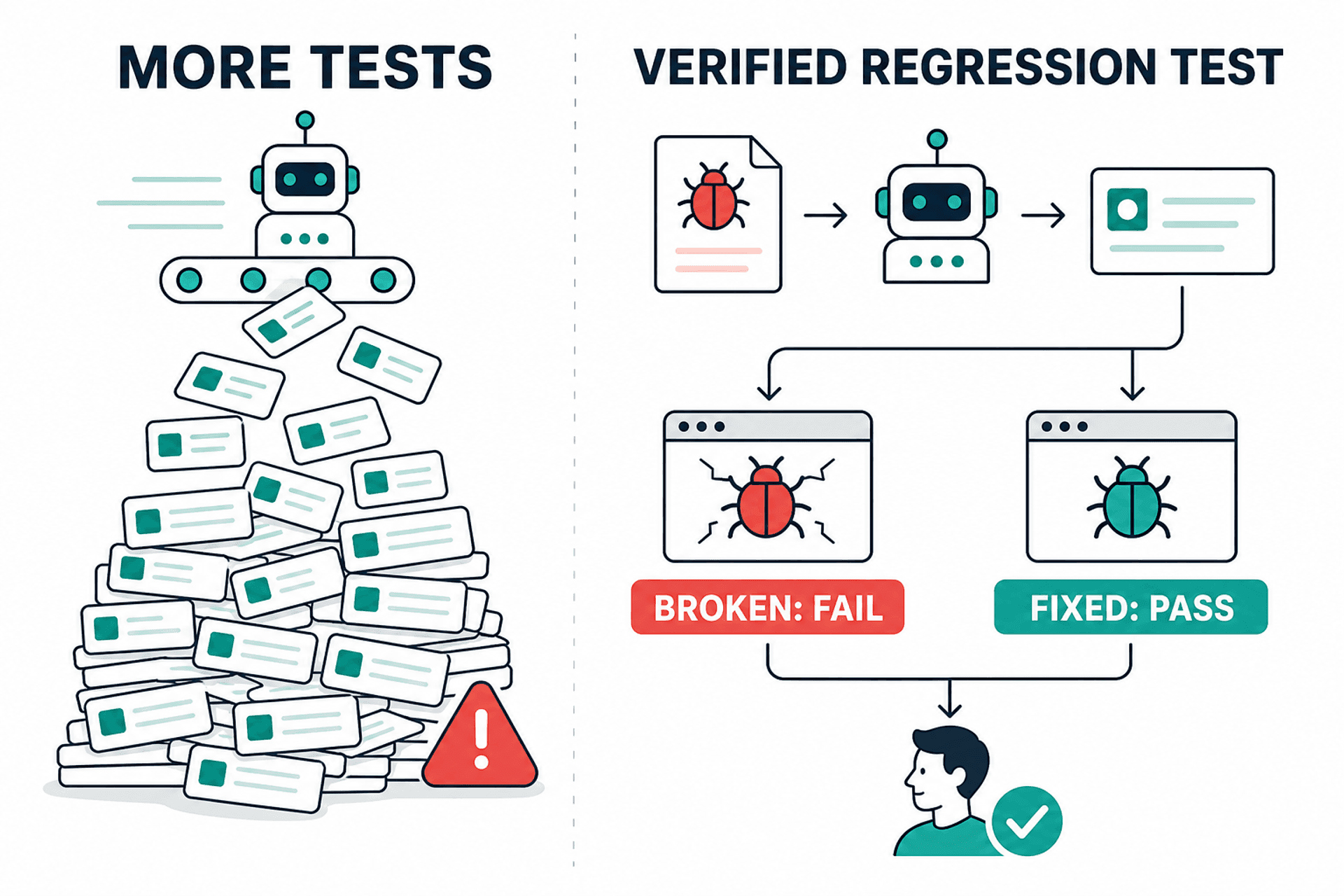 Infographic contrasting a pile of generic AI-generated tests with one verified regression test that fails on the broken revision and passes on the fixed revision