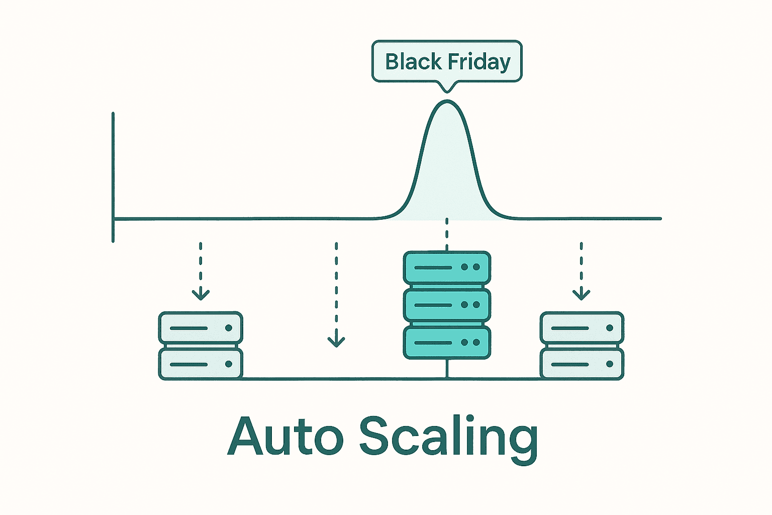 Diagram of auto scaling where server count grows under a Black Friday traffic spike and shrinks back afterward