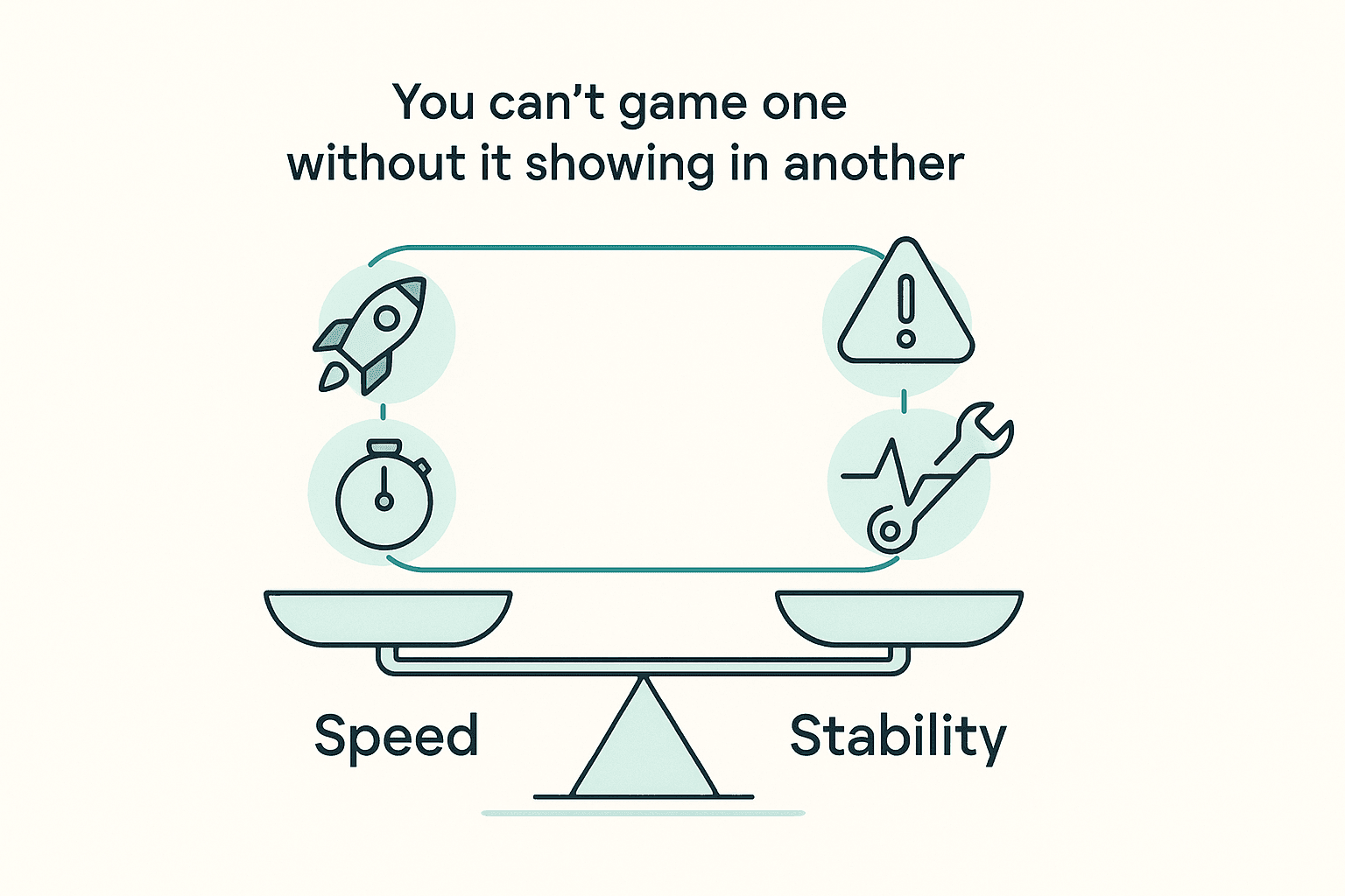 Balance scale showing speed metrics (deployment frequency, lead time) counterweighted by stability metrics (change failure rate, time to restore)