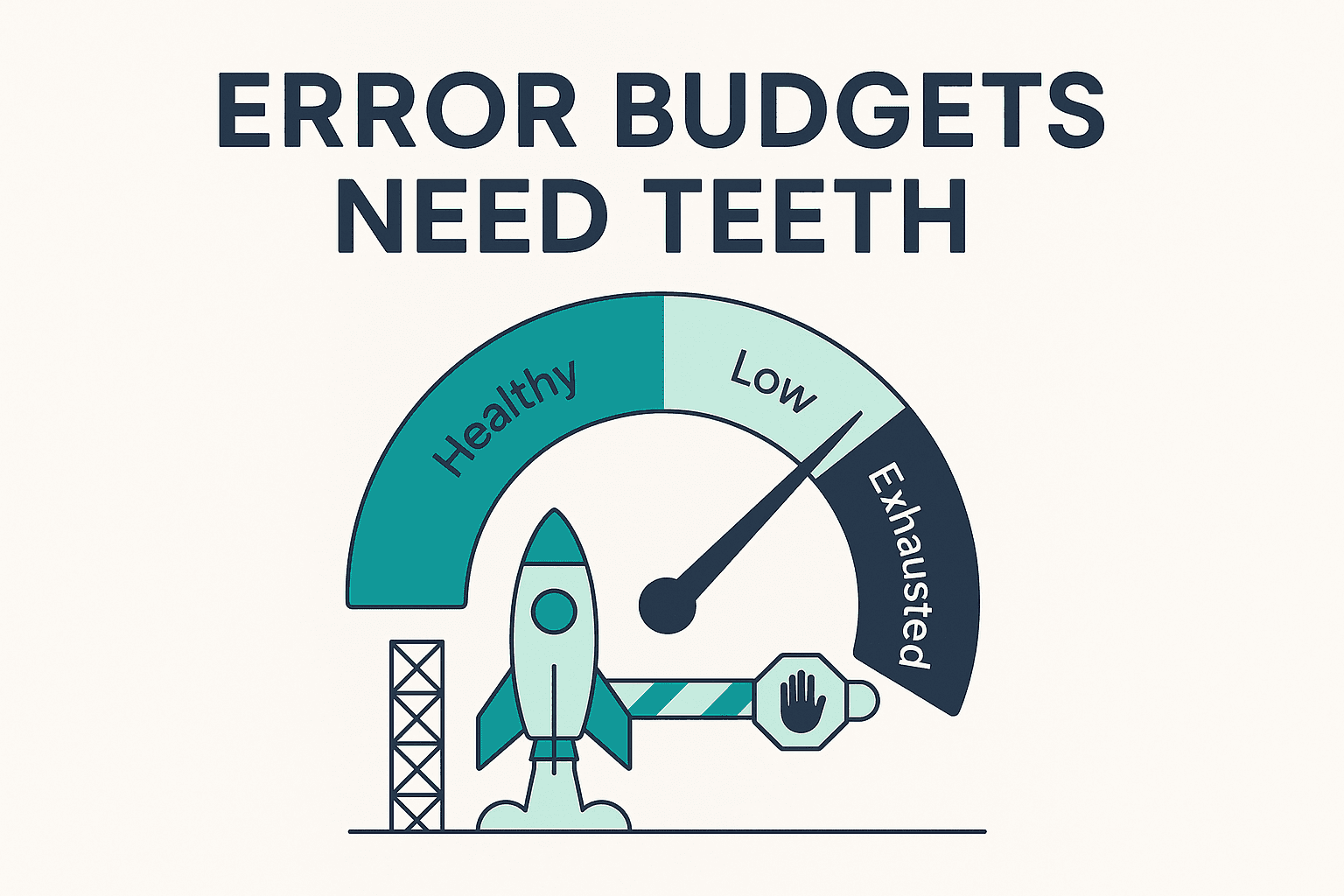Infographic of an error budget gauge pointing to exhausted while a barrier stops a rocket launch, showing the budget overriding a release