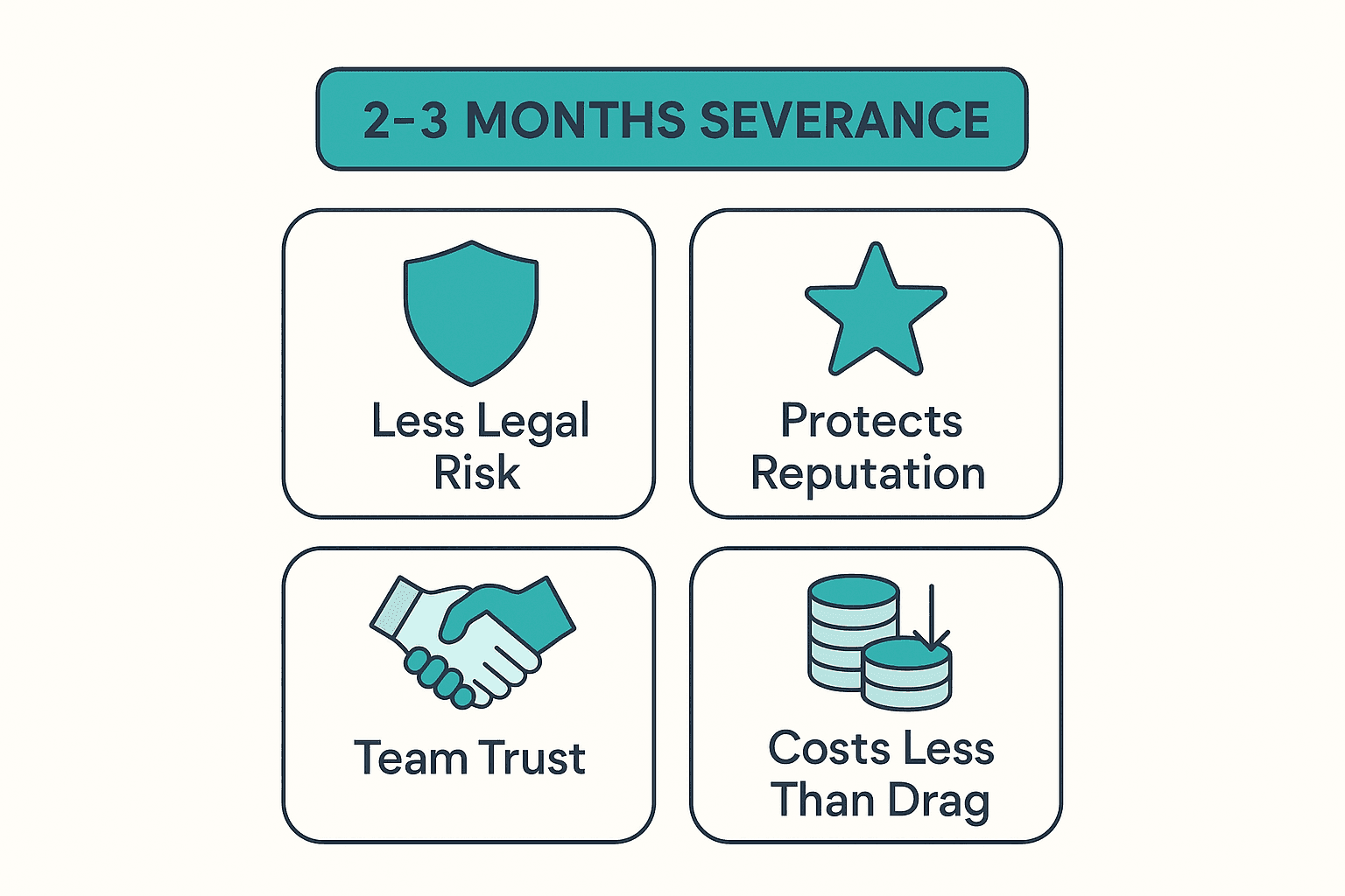Grid of four benefits of offering two to three months severance: lower legal risk, protected reputation, team trust, and lower cost than a slow exit