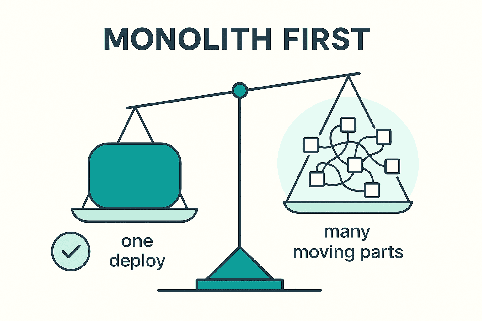 Balance scale infographic with a single monolith block outweighing a tangled cluster of microservices