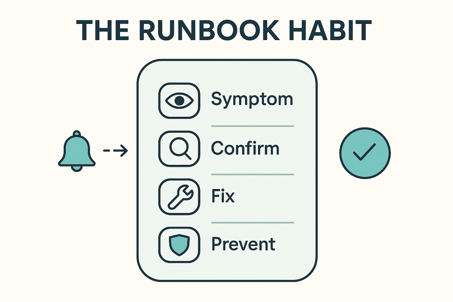 Infographic of a four-section runbook recipe card with symptom, confirm, fix, and prevent steps linked from an alert to a resolved checkmark