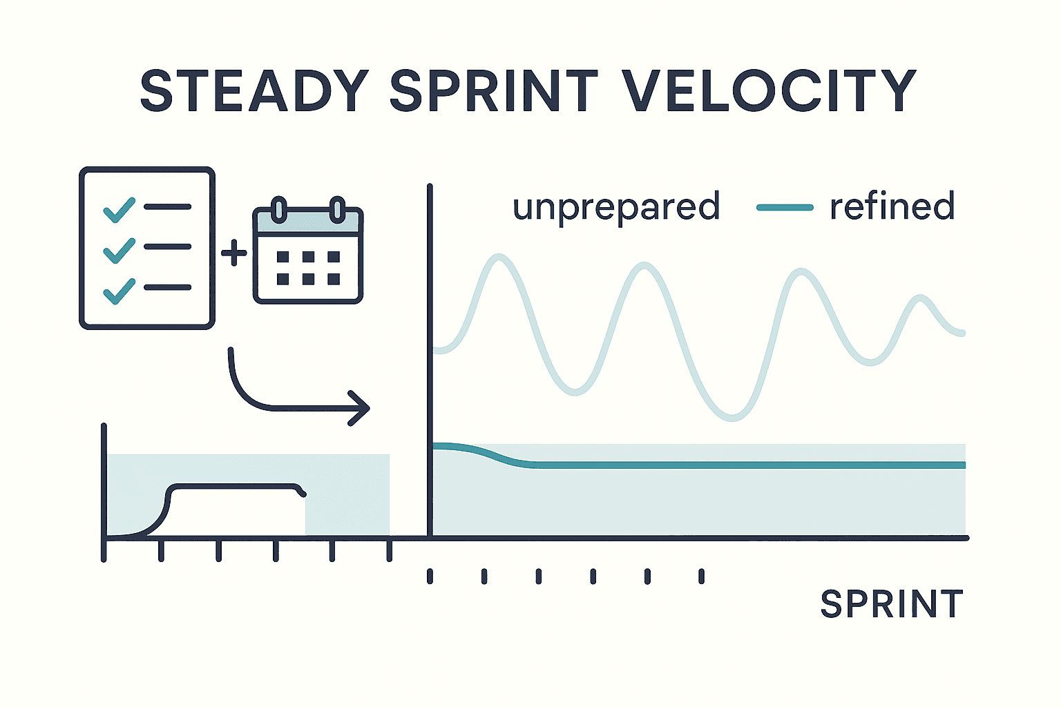 Chart comparing volatile sprint velocity without preparation against steady predictable velocity from refinement and planning