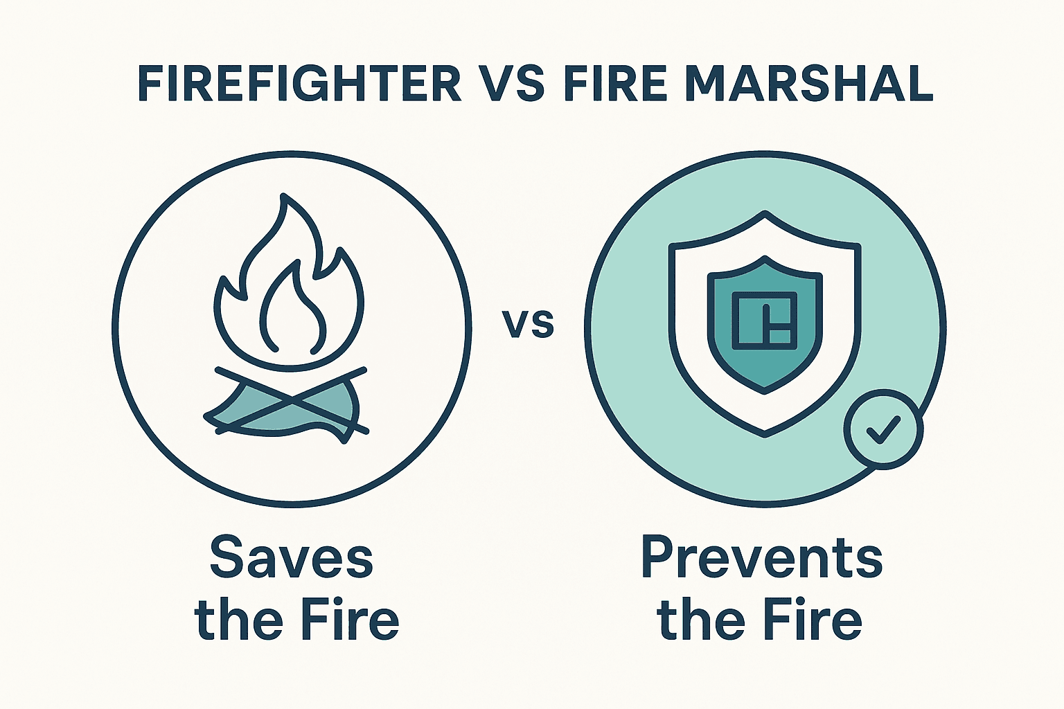 Infographic contrasting the firefighter who saves the fire with the fire marshal who prevents it, the prevention badge marked correct