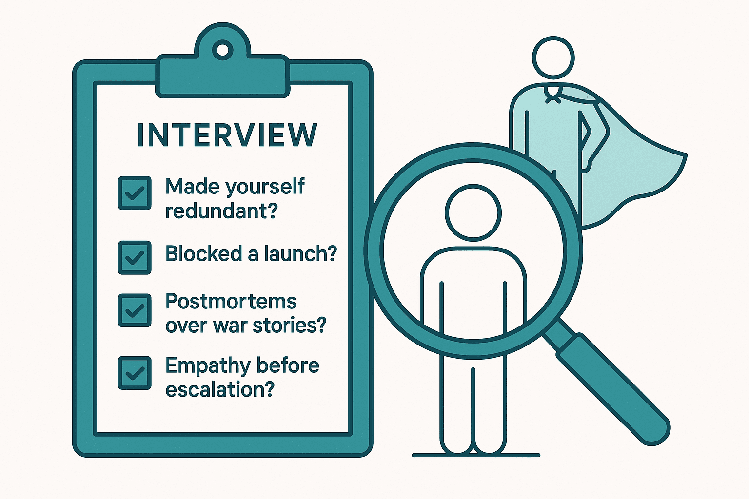Checklist of four SRE screening questions about redundancy, blocking launches, postmortems, and empathy, favoring the quiet candidate over the hero