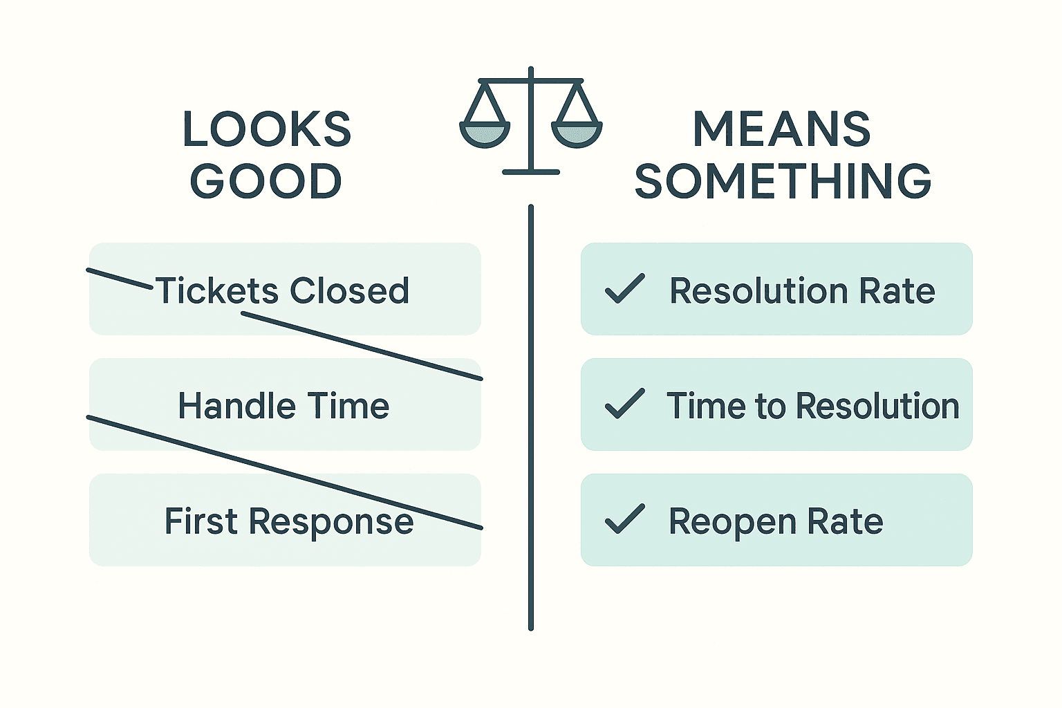 Comparison chart of gameable support metrics like tickets closed versus meaningful metrics like L1 resolution rate and reopen rate