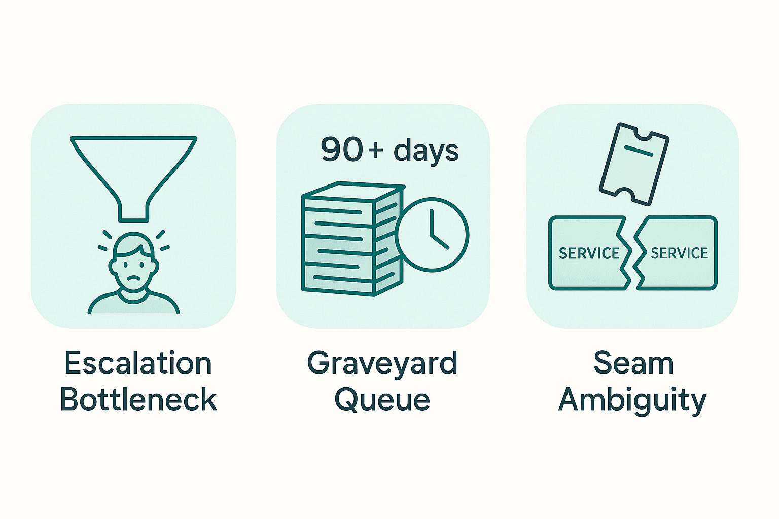 Three failure patterns of tiered support at scale: the escalation bottleneck, the tier-3 graveyard queue, and ownership gaps at the seams between teams