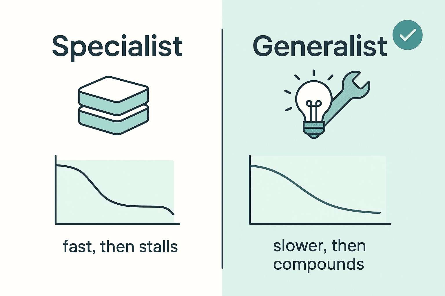 Comparison chart of a specialist who clears tickets fast then stalls versus a generalist whose impact compounds over time