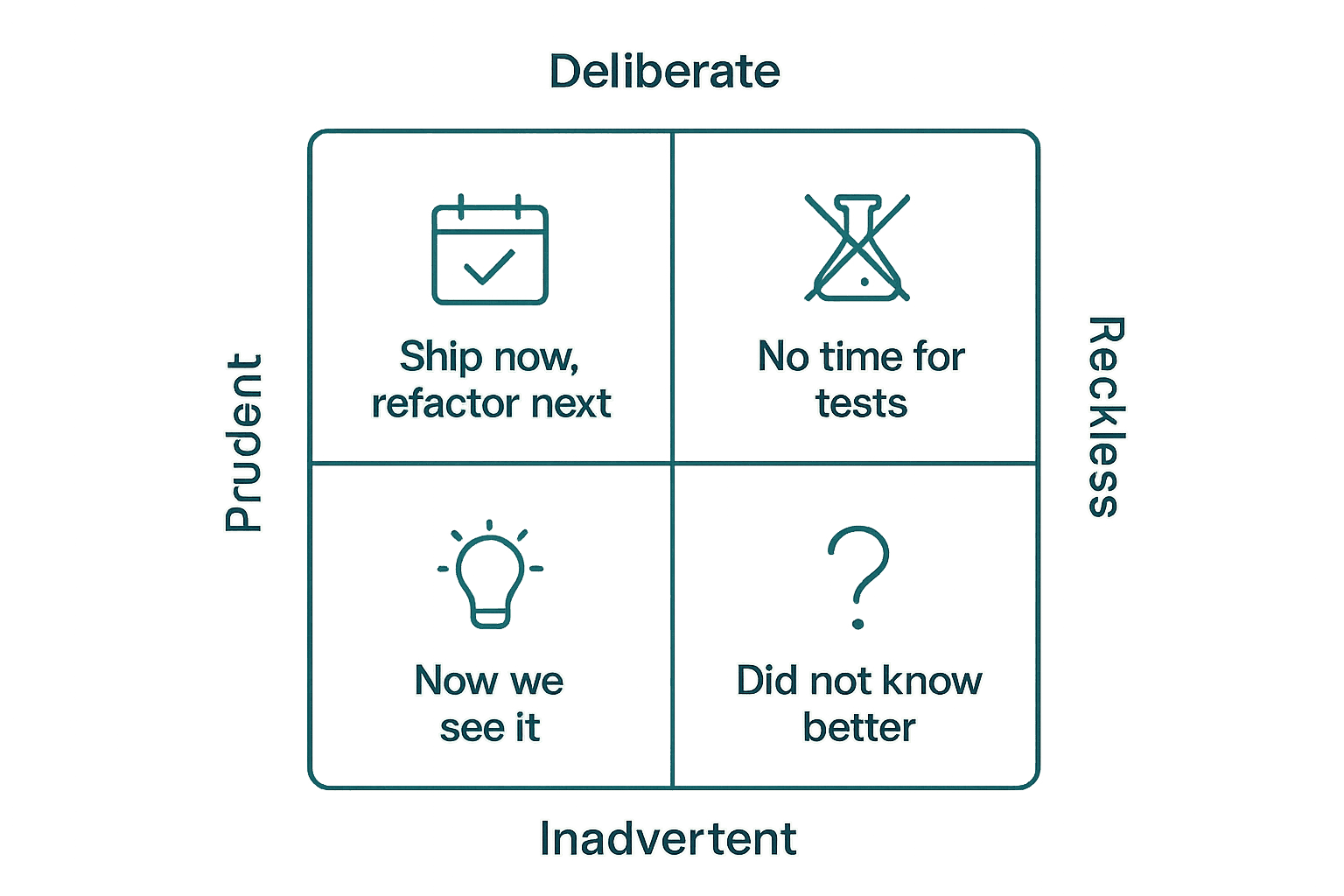 Two-by-two quadrant of technical debt types by deliberate versus inadvertent and prudent versus reckless